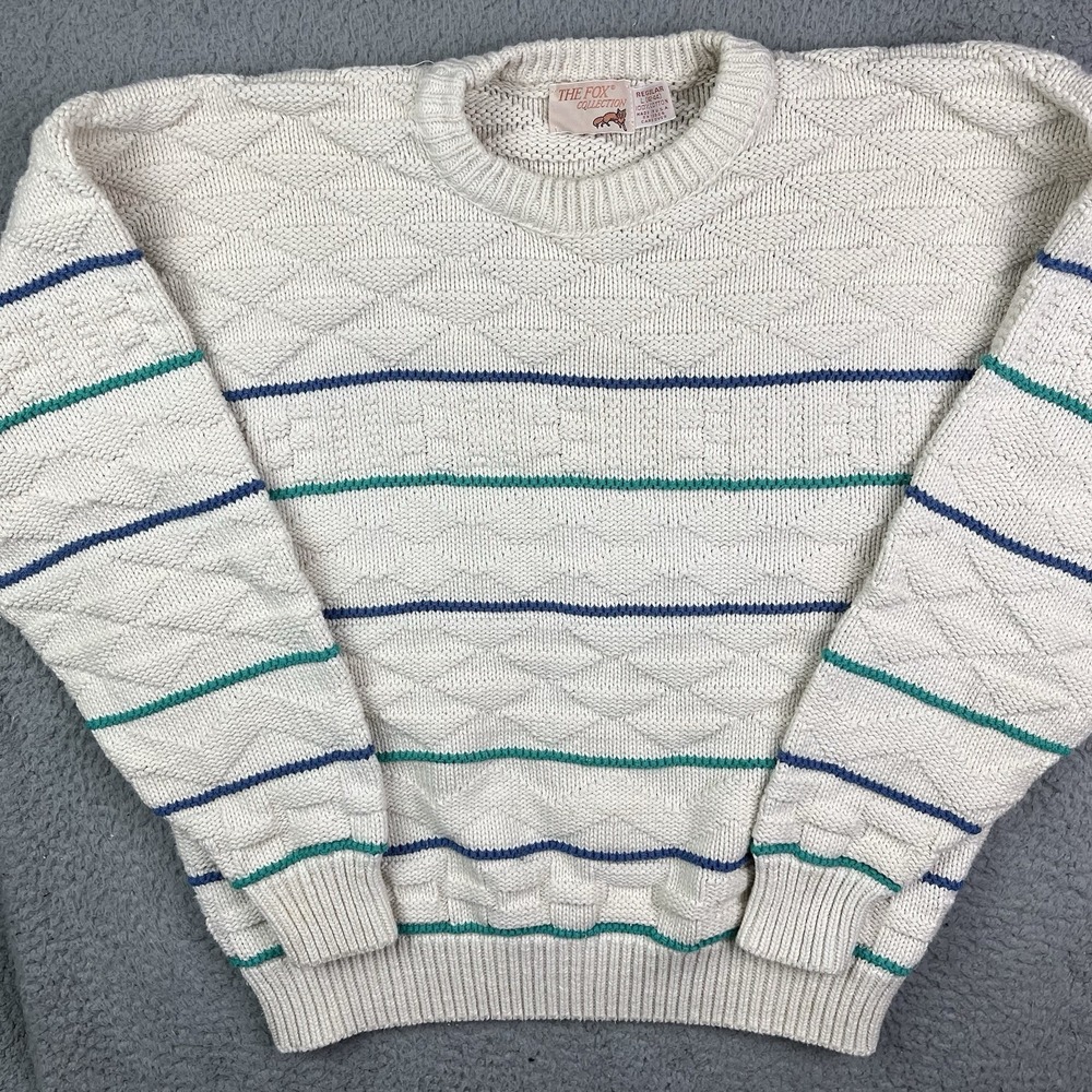 Vintage The Fox Collection Sweater Mens‎ L White Striped 100% Cotton USA made